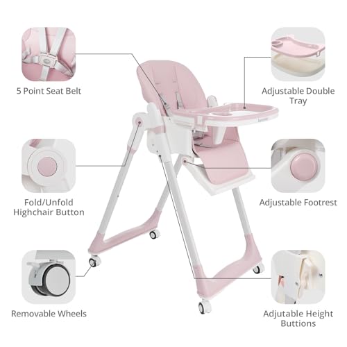 3 in 1 Baby High Chair with Wheels, Adjustable 5 Point Harness, Tray, Foot Rest, Backrest and Seat Height, Foldable High Chair for Toddlers, Pink - Image 4