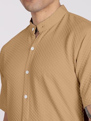 Image of Men's Regular Fit Solid Casual Shirt - Short Sleeve, Mandarin Collar, Lightweight Polyester, Stylish Everyday Wear