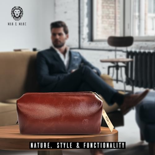 MAN & MANE Premium Leather Toiletry Bag for Men & Women – Classic Dopp Kit Travel Shaving Bag (Cognac Brown)4