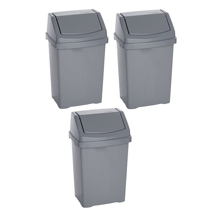 SET OF 3 - High Grade Plastic Swing Style Lid Strong Plastic Waste Rubbish Trash Under Kitchen Counter Bin For Home, Office, Kitchen (8 Litre, Silver)