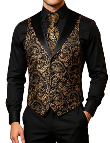 Image of DiBanGu Mens Paisley Suit Vest Silk Jacquard Waistcoat and Necktie Set Formal Shawl Collar Dress Vest 7PCS for Wedding Party
