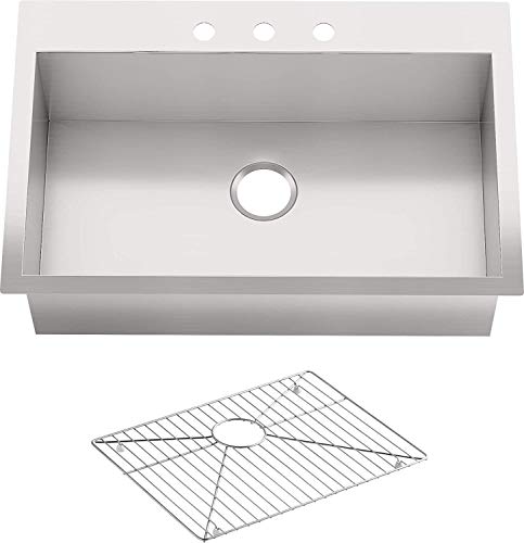 KOHLER Vault&trade; 33" Drop In Kitchen Sink Single Bowl 18 Gauge Stainless Steel Kitchen Sink with Three Faucet Hole, Drop-In or Undermount Installation, 9 Inch Bowl, K-3821-3-NA
