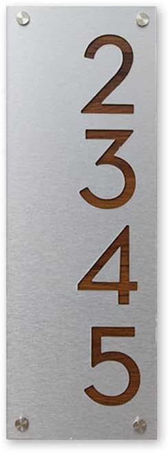 Modern House Numbers, Brushed Silver Alucobond with Wood Red Oak Alucobond - Vertical 3 - Contemporary Home Address -Sign Plaque - Door Number - Hotel Room