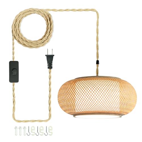 Plug in Bamboo Pendant Light, Boho Style Lamp, 16.7ft Plug