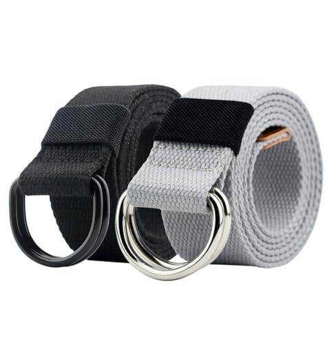 Canvas Belt 2pc Set - Black Double Ring Buckle Web Belts for Men & Women - Fits Up to 35" Waist - Military & Casual Style2