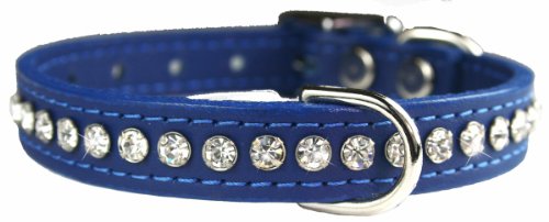Image of Signature Leather Crystal Dog Collar, Blue Solid Grain Leather, Fits 6 inch-8 inch Neck Size, 10 inch Overall Length