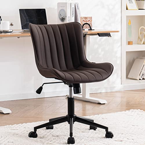 Image of YOUNIKE Brown Ergonomic Home Office Desk Chair with Wheels Comfy Armless Vanity Chair with Back Modern Leather Upholstered Rolling Task Chair Small Cute Computer Drafting Chair Wide Swivel Adjustable