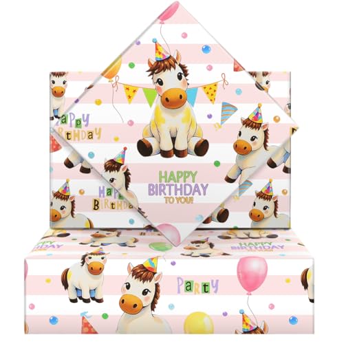 Papier cadeau anniversaire bébé cheval blanc pour sublimer les paquets des enfants
