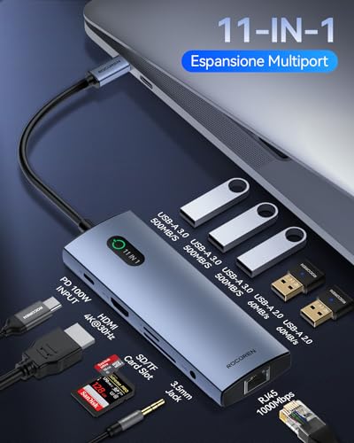 Hub USB C 11 in 1 Adattatore con HDMI 4K@30Hz, PD 100W, Ethernet RJ45 da 1000M, 3 USB-A 3.0 5Gbps, 2 USB-A 2.0, Lettore Schede SD/TF, Docking Station per Computer Portatili per MacBook - Hub USB - Immagine 1