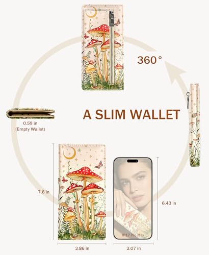 Image of Immaturus Mushroom Womens Wallet, Slim Thin RFID Blocking Card Wallets, Bifold PU Leather Credit Card Holder Organizer, Cute Cash Clutch Long Billfold with Zipper Coin Pocket Ladies Girls Gift