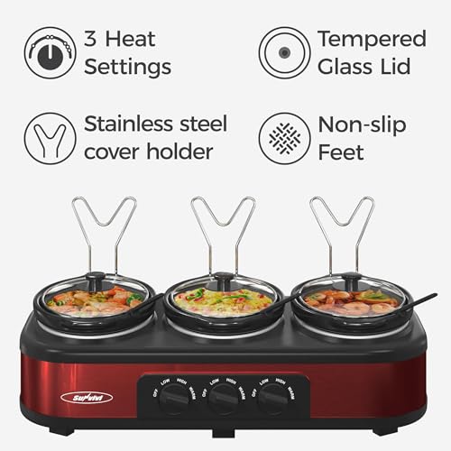 Image of Sunvivi Triple Slow Cooker Buffet Servers and Warmer,3 Pot Food Small Mini Manual Slow Cooker with Adjustable Temp Stainless Steel Lid Rests,Removable Ceramic Pot, 3 * 1.5 Quarts Red