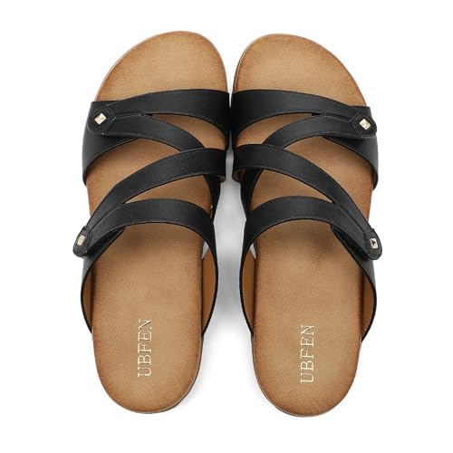 UBFEN Womens Slide Sandals Open Toe Comfortable Walking Casual Summer Beach Vacation Slip-on Flat Sandals Black Size US 6 by UBFEN - Image 6