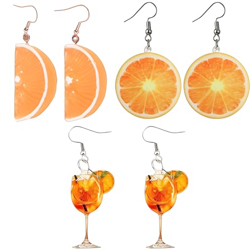 3 Paar Orangen Ohrringe Frucht Design, Aperol Geschenk Idee Für Frauen, Lustige Accessoires Für Party, Alltag Und Besondere Anlässe
