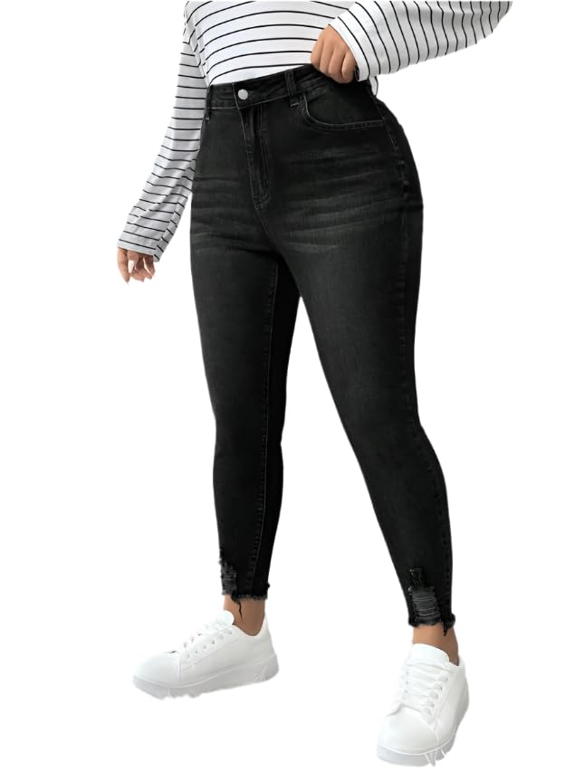 Plus Size Women's Skinny Fit Denim Jeans - Solid Color with Cat Whisker Design, High Stretch Fabric, and Casual Style3