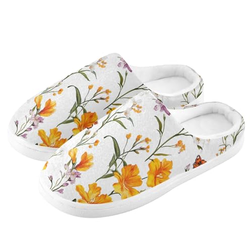 JUNZAN Aesthetic Freesia White Cotton Slippers for Men Winter Memory Foam Bedroom Slippers for Indoor Birthday Presents 6-74