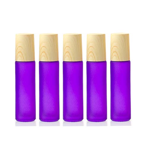 Essential Oil Roller Bottles,5 Pack 10ml Colorful Frosted Glass Roller Bottles with Stainless Steel Roller Balls,Wood Grain Lid Perfume Roll on Bottles Lip Balms Container (Purple frosted)