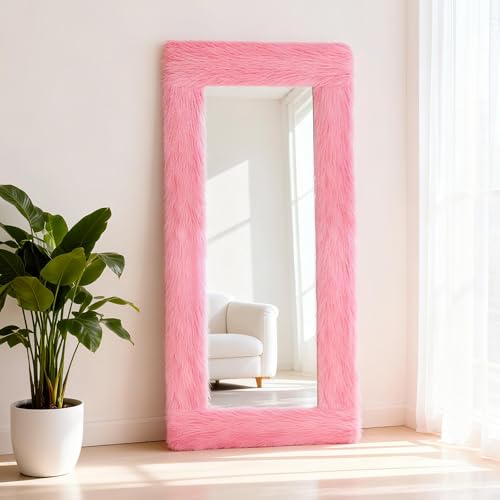 Fluffy Full Length Mirror Cover Universal Ultra Soft Non-Slip Border with Adhesive Tape Pink Fuzzy Frame Decor for Standing Mirror Bedroom Cloakroom Home Decor Women Gifts (pink 64 x 21 Inch)