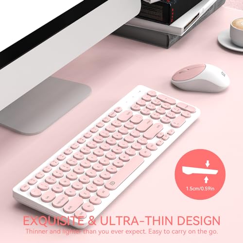 Image of FD iK6630 Wireless Keyboard and Mouse Combo - 2.4GHz USB Cordless, Cute Round Keys, Quiet and Slim Set for Laptop, Computer, TV, and Mac - Salmon Pink & White