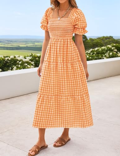 Image of ZESICA Women's 2026 Boho Summer Dresses Gingham Puff Sleeve Square Neck Flowy Beach Midi Dress