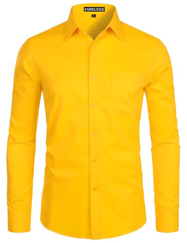 PARKLEES Camicia da uomo a manica lunga, tinta unita, Slim Fit, casual, da lavoro, formale, con bottone e tasca, Giallo, L