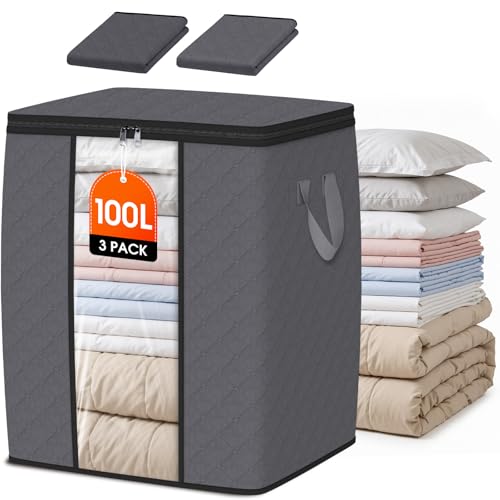 SpaceWhisper 3 Pack 100L Clothes Storage, Foldable Thick Fabric...