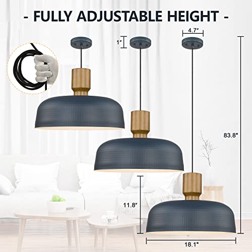 Image of Darkaway Oversized Industrial Pendant Light Fixtures with Hammered Metal Shade, 18.1inch Blue Large Pendant Lighting for Kitchen Island Hanging Lamp Adjustable Height