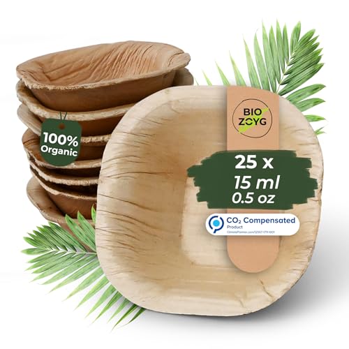 BIOZOYG 25 Pack 0.5 oz Square Palm Leaf Dipping Bowls - Disposable Mini Bowls for Finger Food, Charcuterie, Appetizers, Parties, Garden Parties, BBQs, Tapas
