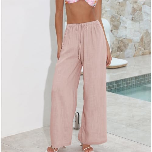 Image of Duyang Womens Cotton Linen Palazzo Pants Drawstring Elastic Waist Casual Wide Leg Trousers with Pockets