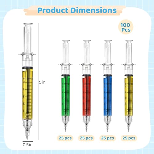 Tideme 100 canetas de seringa a granel, canetas retráteis, divertidas para enfermeiras, canetas esfe