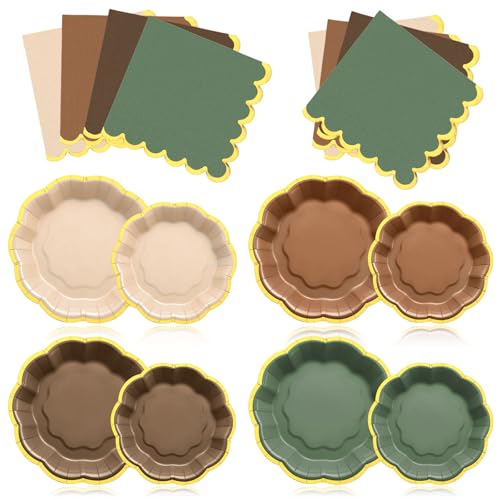 Vesici 60 Pcs Green Brown Paper Plates and Napkins Set 9/7 Inch