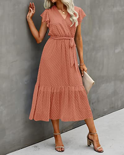 Image of BTFBM Women Summer Bohemian Floral Casual Wrap V Neck Ruffle Cap Sleeveless Belt A-Line Pleated Hem Midi Sun Dress White