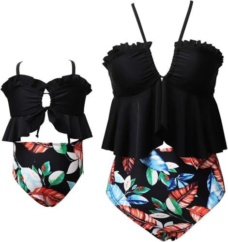 Family Matching Swimsuits Cutout Crossback Ruffle High Waisted Bathing Suits Mommy and Me Two Pieces Bikini Set