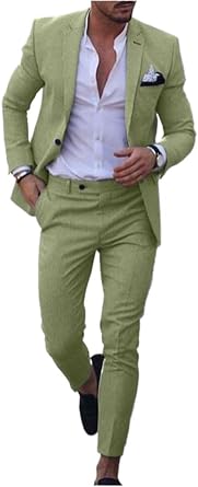 Mi Bo Tong Mens Linen Suit 2 PC Mens Summer Suit Slim Fit Blazer Pants Set Beach Wedding Summer Suit for Men