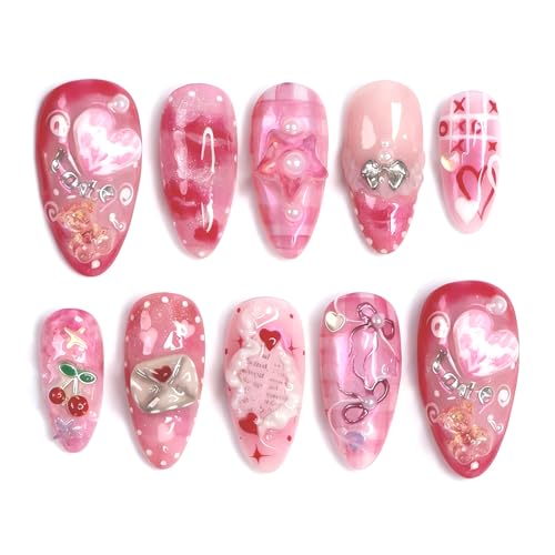 30Pcs Pink Valentines Press on Nails Medium Almond Handmade Fake ...