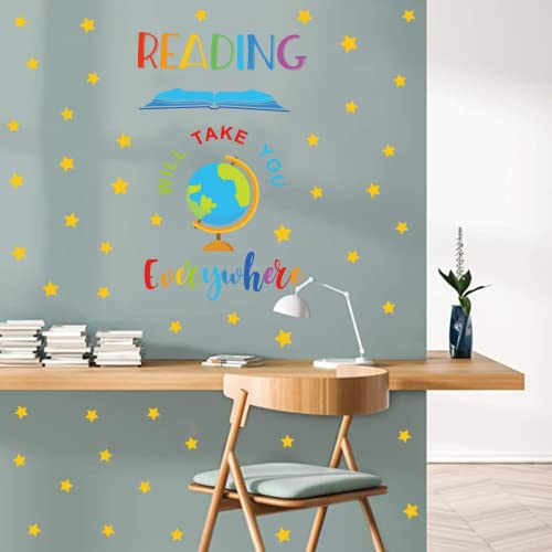 Iarttop Reading Wall Decals For Classroom Decor，Colorful School Read Books Letters Wall Stickers，Inspiring Saying Reading Will Take You Everywhere Stars Globe Wall Art For School Library Decor #TOP2