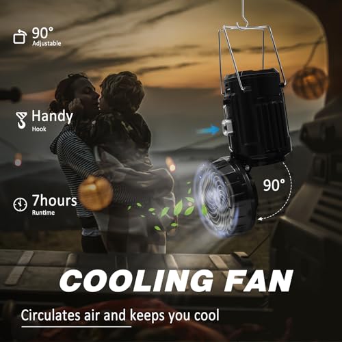 2-Pack Solar Camping Fan w/ Lantern, DIBMS Collapsible Solar Powered USB Rechargeable & Battery Powered Emergency Hanging Lights for Camping Tent Hurricanes Power Outages Storm Indoor Outdoor - Thumbnail 2