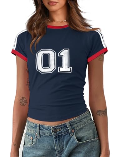 Imily Bela Womens Y2k Baby Tees Summer Cropped Tops Cute Graphic Print Short Sleeve Vintage T Shirt Navy