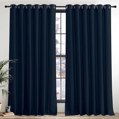 PONY DANCE Blackout Curtain 2 Panels - 90 x 108 Inch Extra Wide Door Curtain Thermal Insulated Eyelet Drapes Bedroom，Hotel, Living Room Large Curtains, Navy Blue