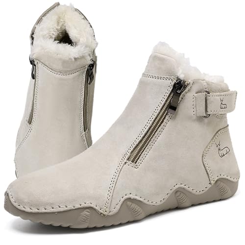 Women's Suede Round Toe Zipper Chukka Boot Warm Fur Lined Snow Boot Ankle High Top Casual Booties Winter Cold Weather outdoor hiking Boots, Sand+fur Lining, 7.5