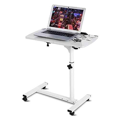 Table d'Ordinateur Portable Mobile, Hauteur Réglable 62-88 cm, avec roulettes, Multi-Usage pour Canapé et Lit, Blanc