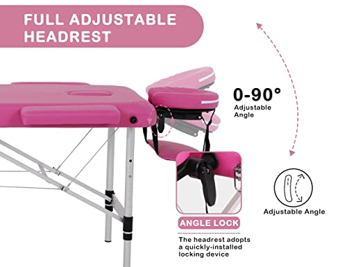 Massage Tables Portable Lash Bed 73 inch Aluminium Tattoo Table Height Adjustable Portable Spa Bed 3 Folding Chiropractic Table w/Carry Case/Face Cradle/Hand Pallet for Travel Physical Therapist