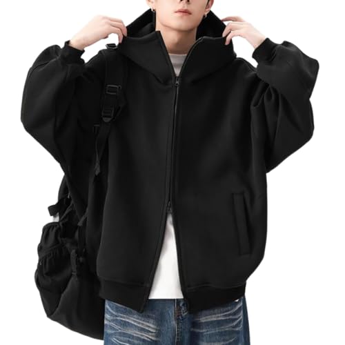 シルエット フード パーカー ダブル ジップ アウター 無地 ドロップ ショルダー メンズ (ブラック,3XL)の商品画像（Amazon）