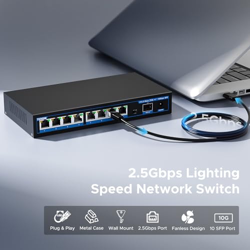 Image of PoE+ Ethernet Switch,IEEE802.3af /at, Up to 30W,Base-T,Desktop /Wall Mount, for AP & IP Cameras,Home,Gaming,Office,Plug & Play | Shielded Ports | Fanless Quiet,2.5 Gigabit 9 Port,120W,60Gbps