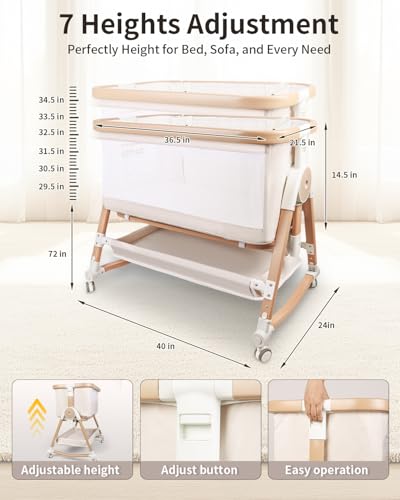 suihuooo 4 in 1 Baby Bassinet, Bassinets Bedside Sleeper with Wheels and Storage Basket, Adjustable 7 Heights Bedside Sleeper with Mosquito Net, Breathable Mesh Rocking Bassinet for Baby - Thumbnail 3