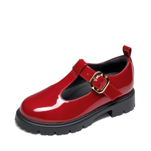 DREAM PAIRS Girls Mary Jane Dress Shoes School Uniform T-Strap Loafers Platform Chunky Heel Closed Toe Flats,Size 1 Little Kid,Red,SDFA26025K