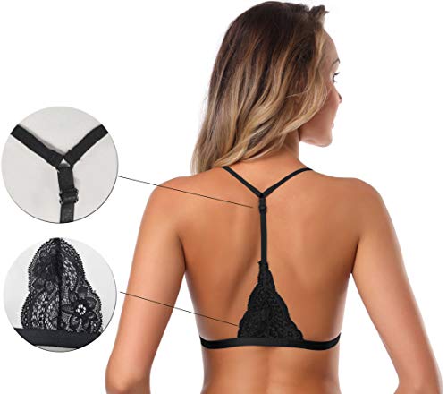 Image of SHEKINI Women's Embroidered Triangle Bra Front Closure Plunge Wireless Lightly Lined Lace Bralette Top