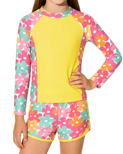 Image of Girls Rash Guard Long Sleeve Swimsuit 2 Piece Bathing Suit UPF 50+ Summer Beach Swimwear for Girl 5-14 Years