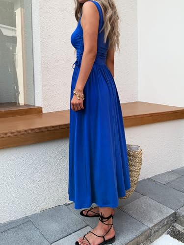 Image of Mieazom Women's Boho Summer Maxi Dress with Pockets, Adjustable Waist, Sleeveless Casual Ruched Sundress for Beach Vacation