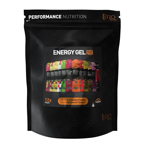 TORQ Running Gels with Caffeine & Electrolytes - 2:1 Maltodextrin: Fructose for Endurance Sports & Optimal Performance | Energy Gels for Running Cycling & Sport - 89mg Guarana | 12 Pack Sample Box