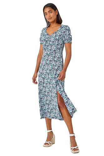 Roman Floral Print Dress for Women UK Ladies Sweetheart Neck Ruched Midi Maxi Long Length Short Sleeve Flattering Casual Summer Spring Party Evening Going Out - Navy White Green - Size 14
